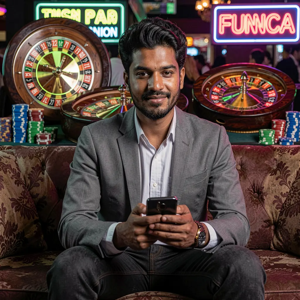 Focused Bangladeshi player using the 8BKD casino app on a smartphone with glowing roulette wheels and poker chips highlighting mobile gaming excitement