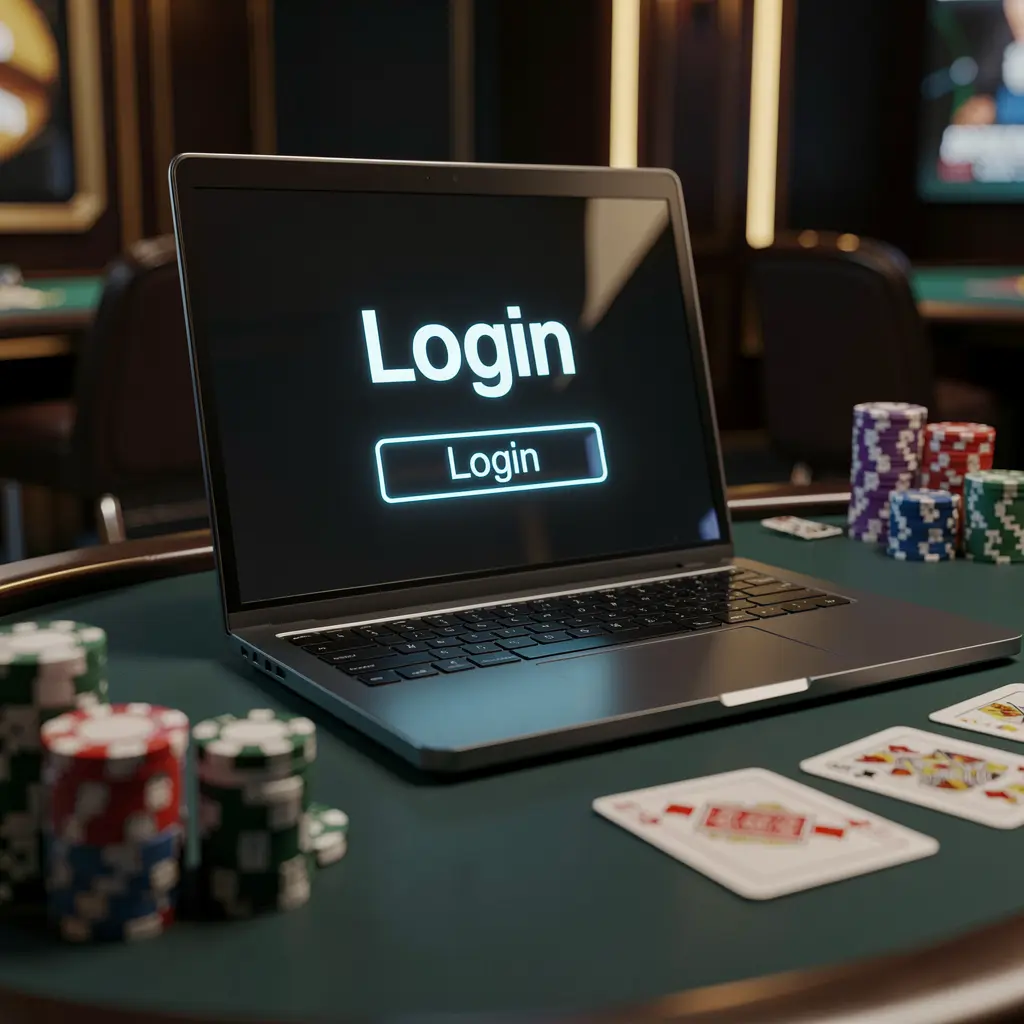 Modern laptop on a casino table with poker chips and cards showing the 8BKD login screen for secure player access in Bangladesh